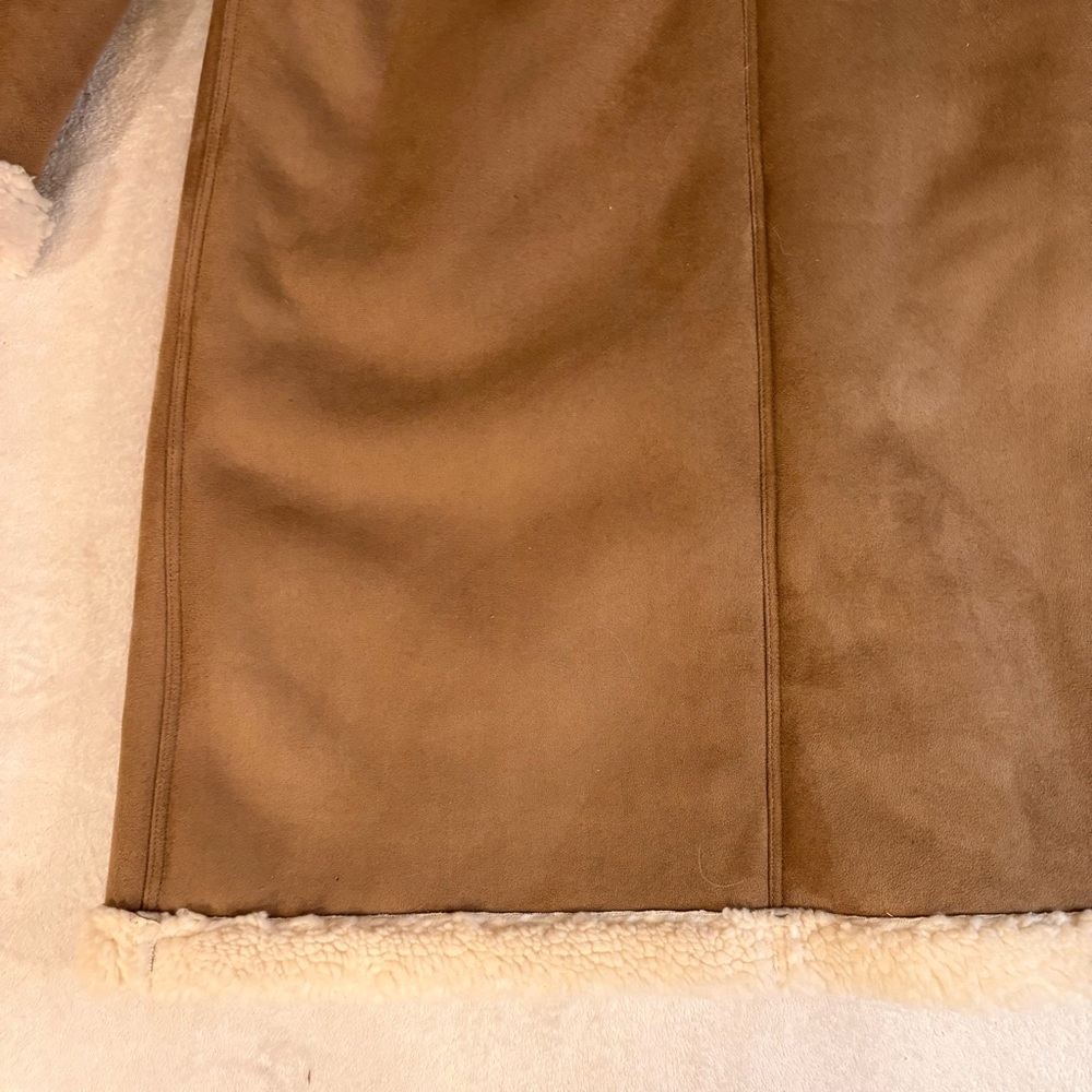 Boden Bell Teddy Tan Faux Suede Faux Shearling Lined and Trimmed Long Coat Sz 16 - Picture 14 of 14